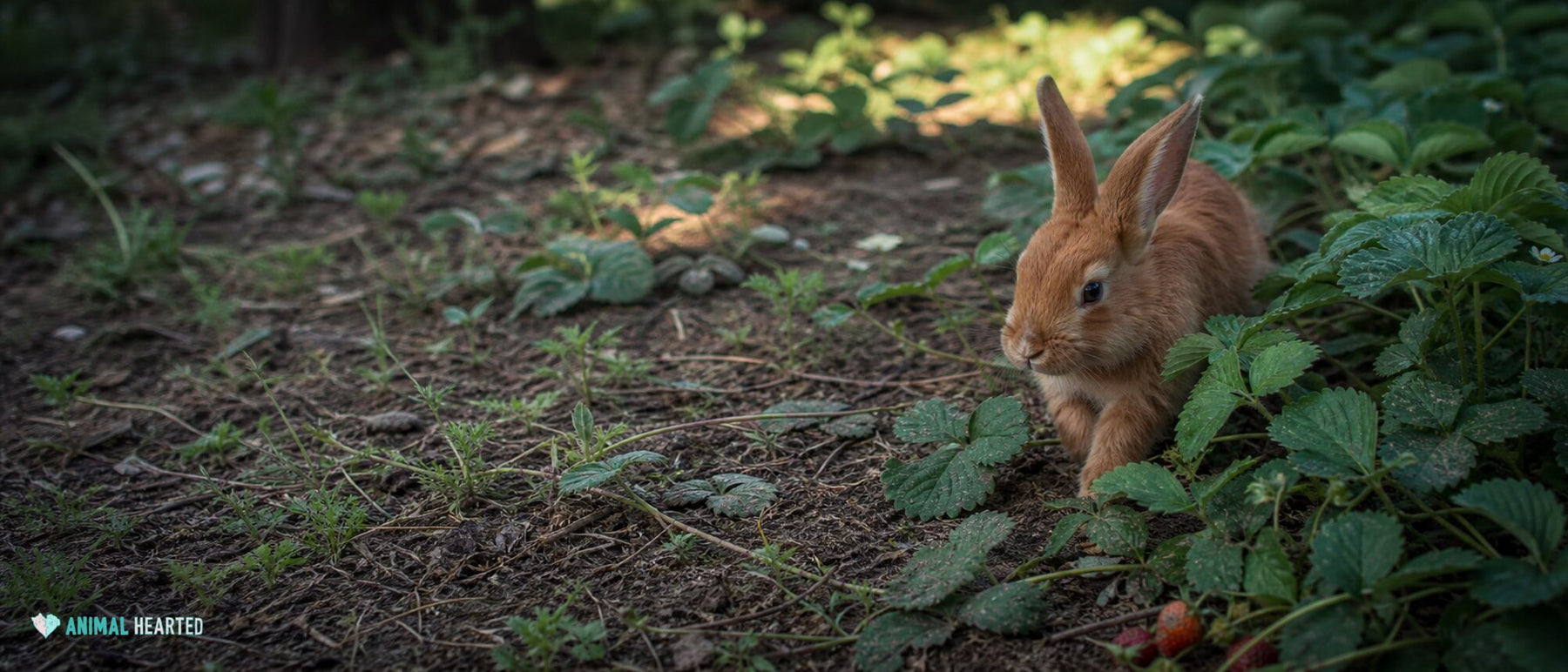 small chestnut rabbit between strawberry plants in an uneven garden row