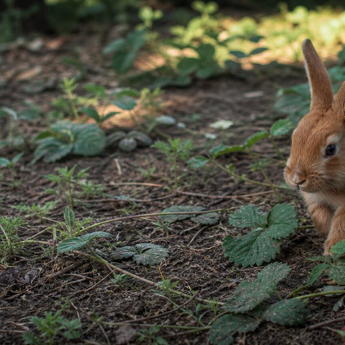 small chestnut rabbit between strawberry plants in an uneven garden row