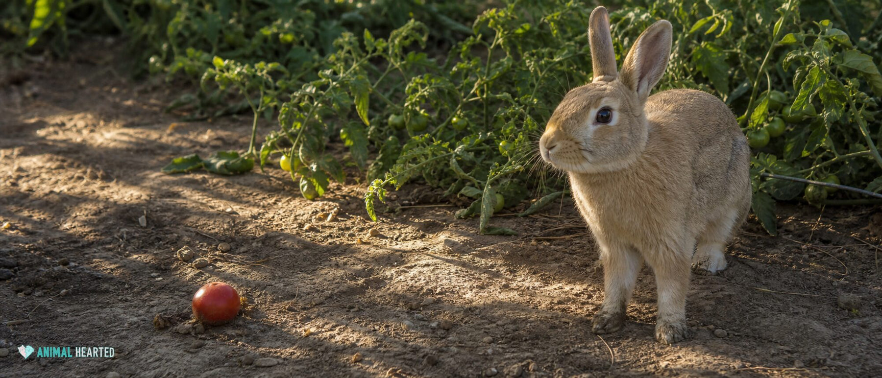 sandy domestic rabbit near sprawling tomato vines in a rustic garden