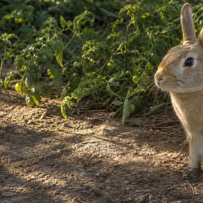 sandy domestic rabbit near sprawling tomato vines in a rustic garden