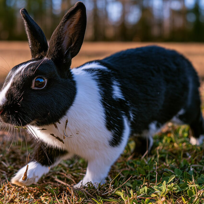 Black-and-white Dutch rabbit stepping through uneven meadow grass