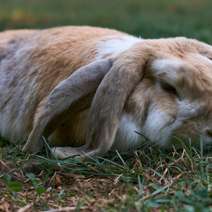 Adult English Lop resting on uneven grass with both long ears fully visible