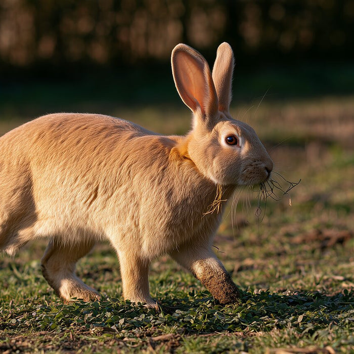 Large sandy Flemish Giant rabbit walking across uneven clover