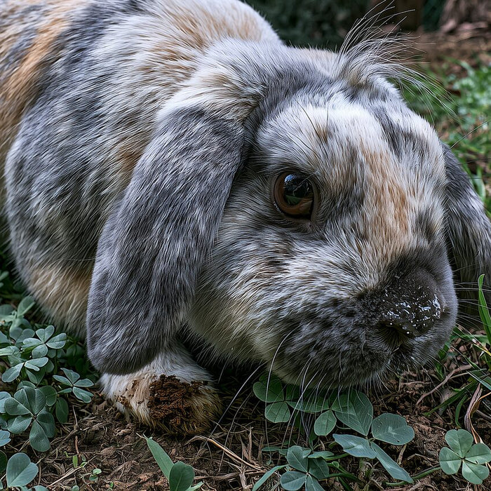 Compact tortoise-shell Holland Lop nosing through sparse clover