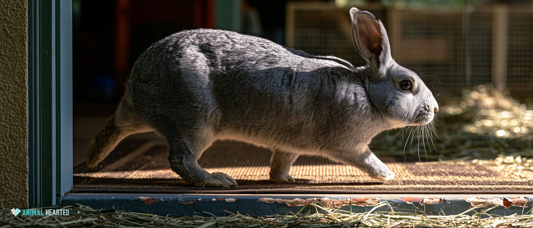 Very large blue-gray rabbit walking across a worn rug near a patio doorway