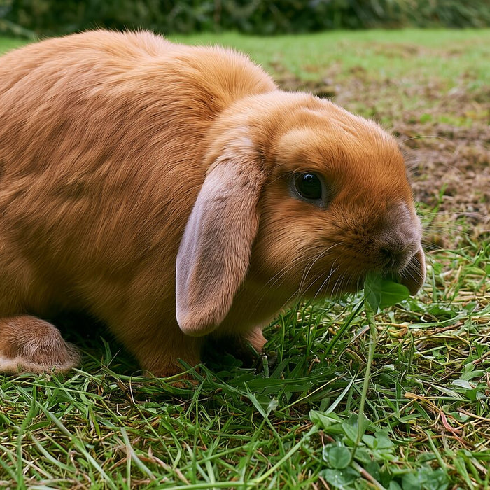 Sturdy adult chestnut Mini Lop hopping through flattened meadow grass