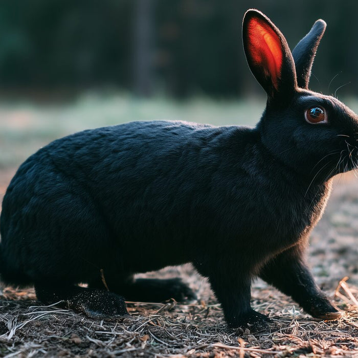 Black otter Mini Rex rabbit in side light showing the short upright coat