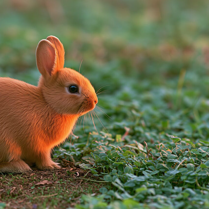 Small chestnut Netherland Dwarf rabbit alert in short clover