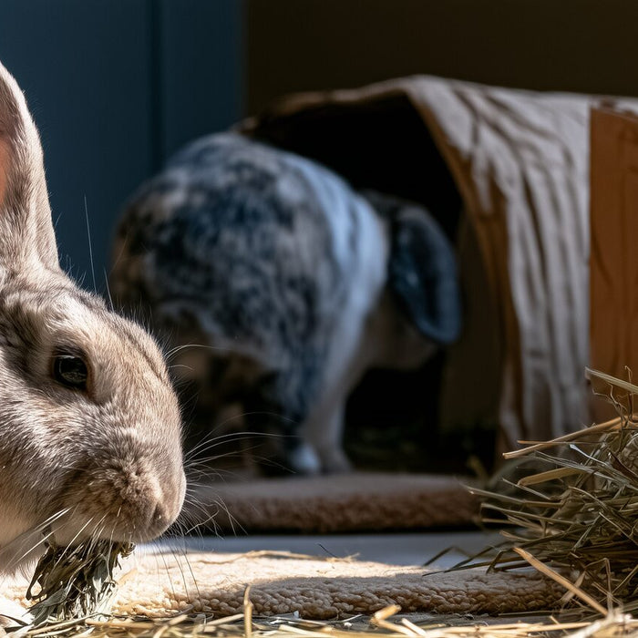 Three different adult rescue rabbits foraging on hay in an exercise room