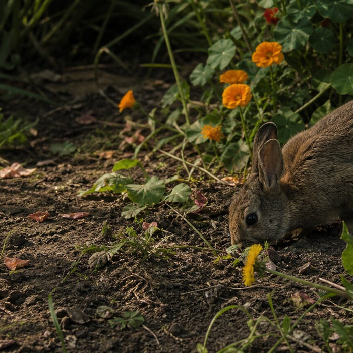 small domestic rabbit foraging among clearly recognizable Calendula officinalis