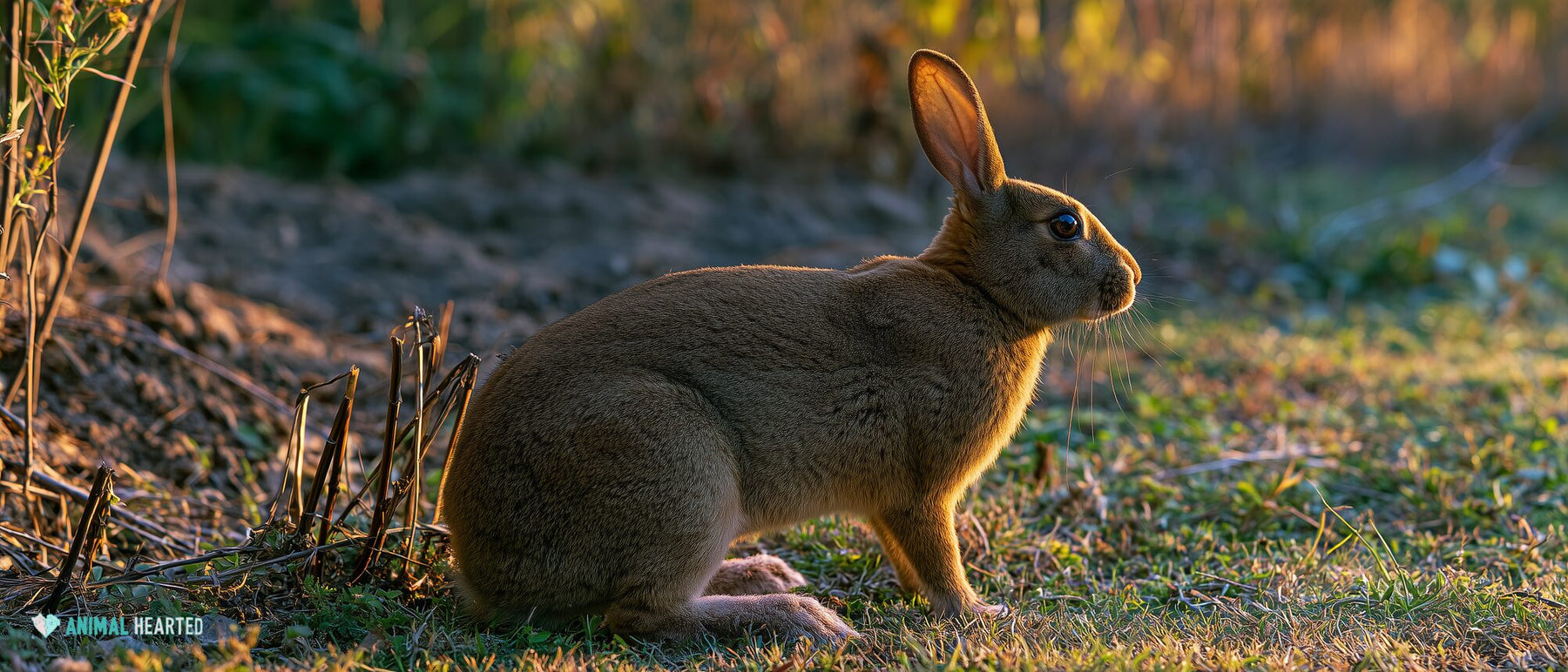Broad adult castor Rex rabbit standing in low grass under side light
