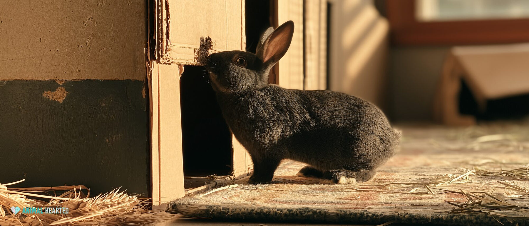 Tiny black otter rabbit standing to inspect a cardboard hide in a foster pen