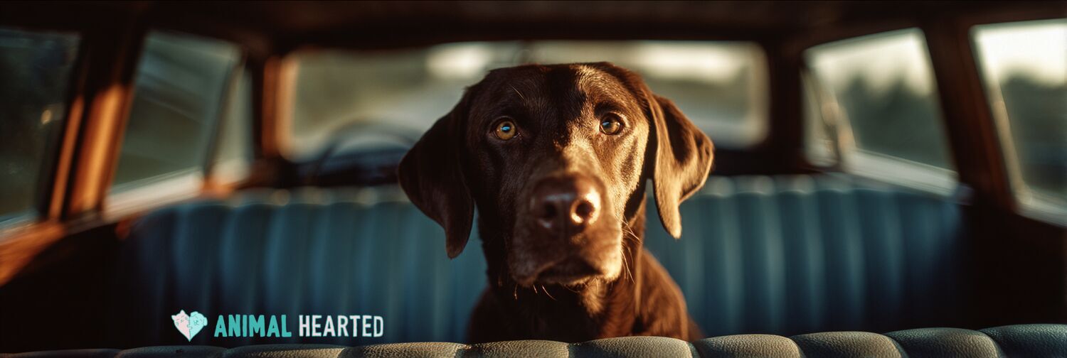 Worried chocolate lab sitting in the back seat of a vintage station wagon