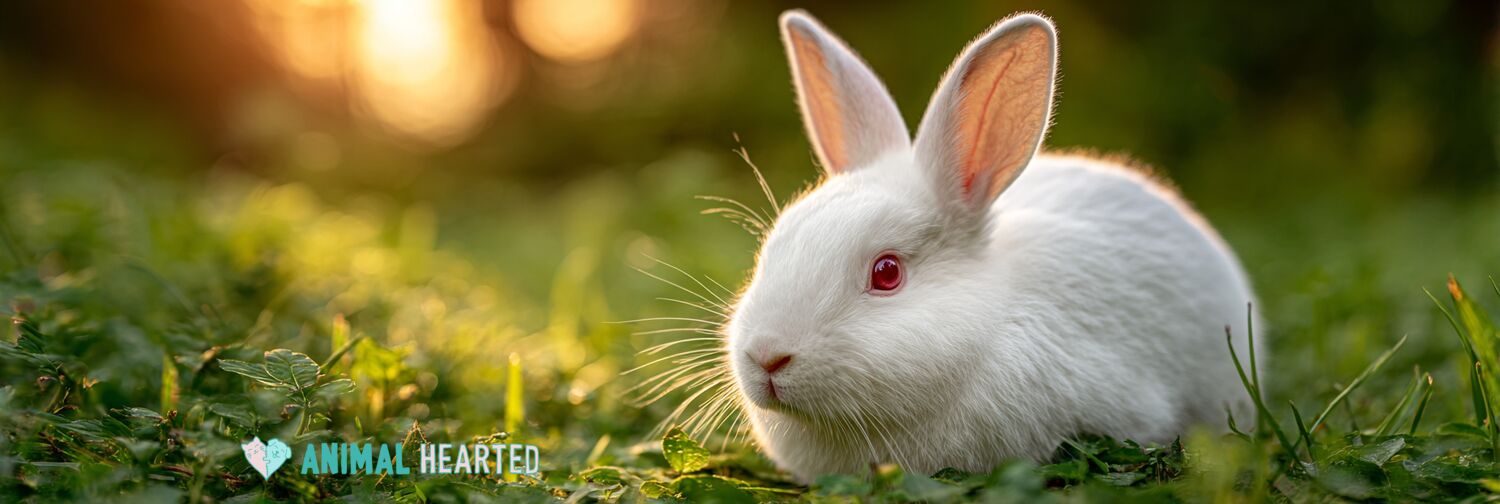 White albino rabbit with ruby-red eyes sitting on green grass at golden hour