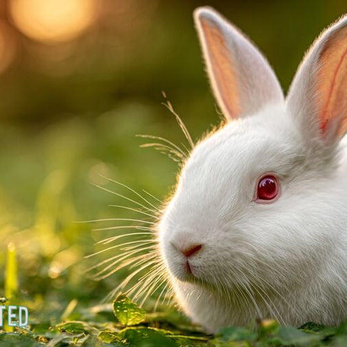 White albino rabbit with ruby-red eyes sitting on green grass at golden hour