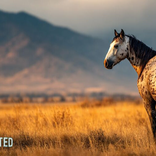 Stunning spotted Appaloosa horse standing in a golden meadow at sunset