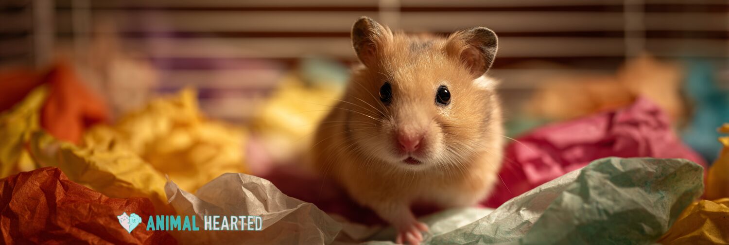 Golden Syrian hamster sitting on colorful paper bedding inside a cozy cage