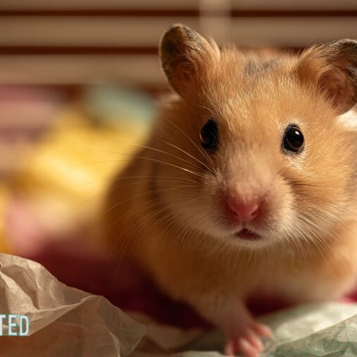 Golden Syrian hamster sitting on colorful paper bedding inside a cozy cage