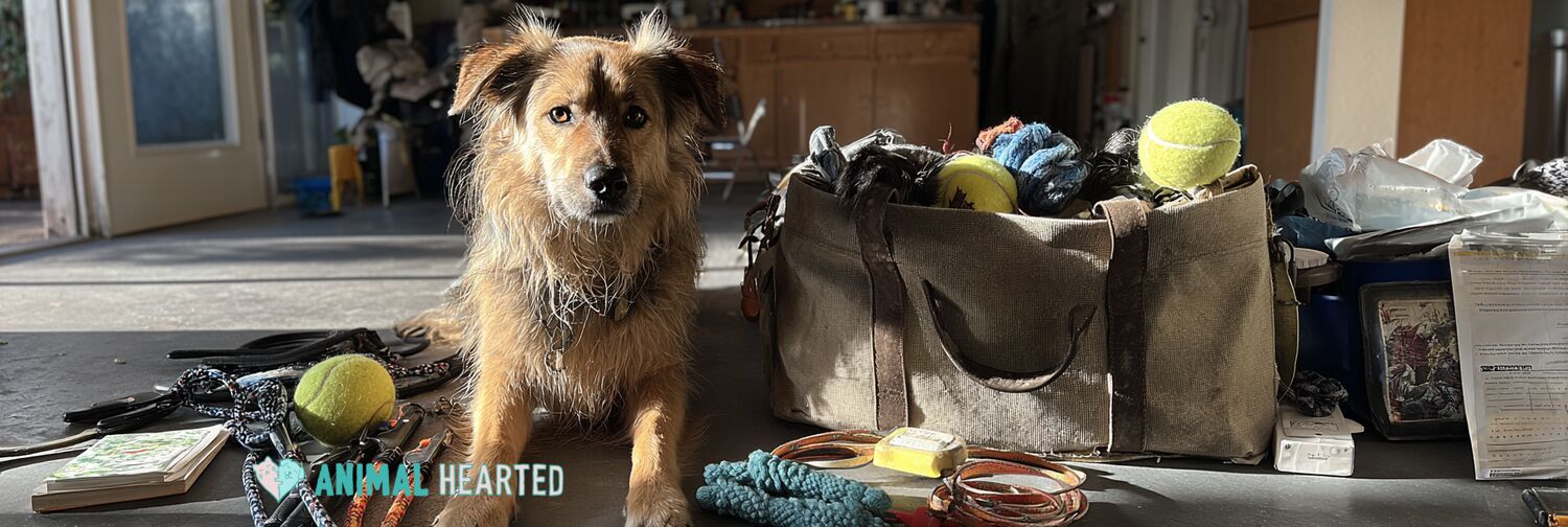 Dog beside leashes, treat bags, toys, and a notebook for pet side hustles