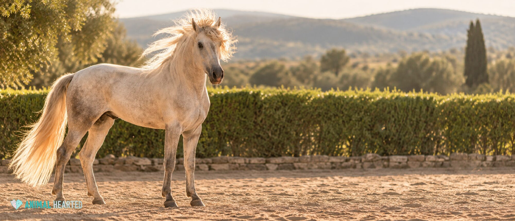 A light gray Andalusian stallion in a sandy paddock with his long cream mane blowing sideways in golden evening light