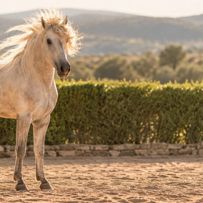 A light gray Andalusian stallion in a sandy paddock with his long cream mane blowing sideways in golden evening light