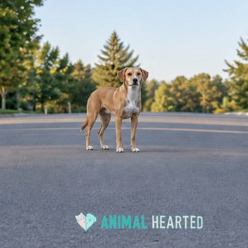 A tan and white dog standing alone in the middle of an empty paved residential street lined with lawns, houses, and trees