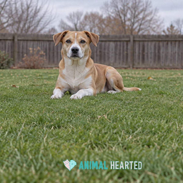 A tan and white dog lying on a green lawn in front of a wooden fence, looking at the camera