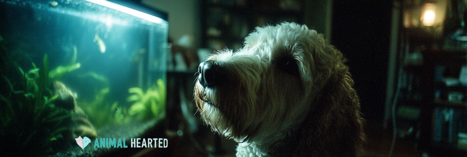 Dog gazing at a glowing aquarium in a dark room