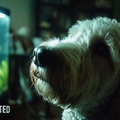 Dog gazing at a glowing aquarium in a dark room