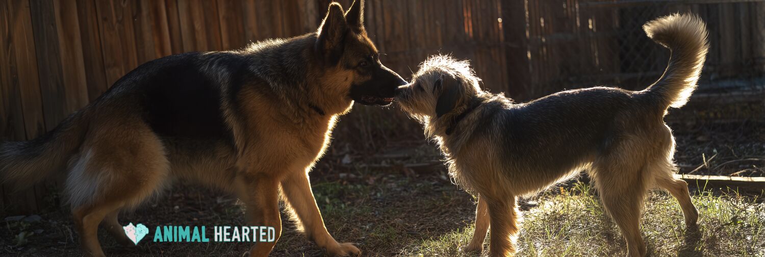 german shepherd nose-to-nose with a smaller mixed-breed dog in a fenced backyard