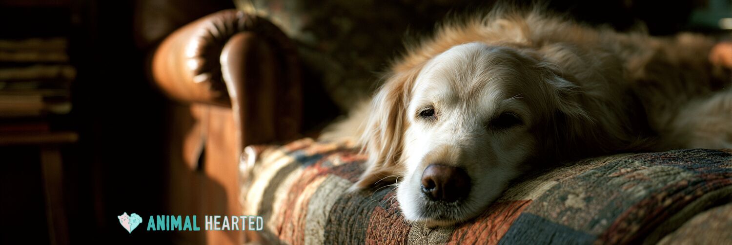 Elderly golden retriever with a gray muzzle resting on a patchwork quilt