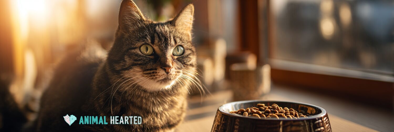 Tabby cat next to ceramic food bowl