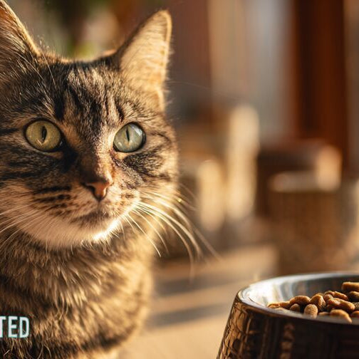 Tabby cat next to ceramic food bowl