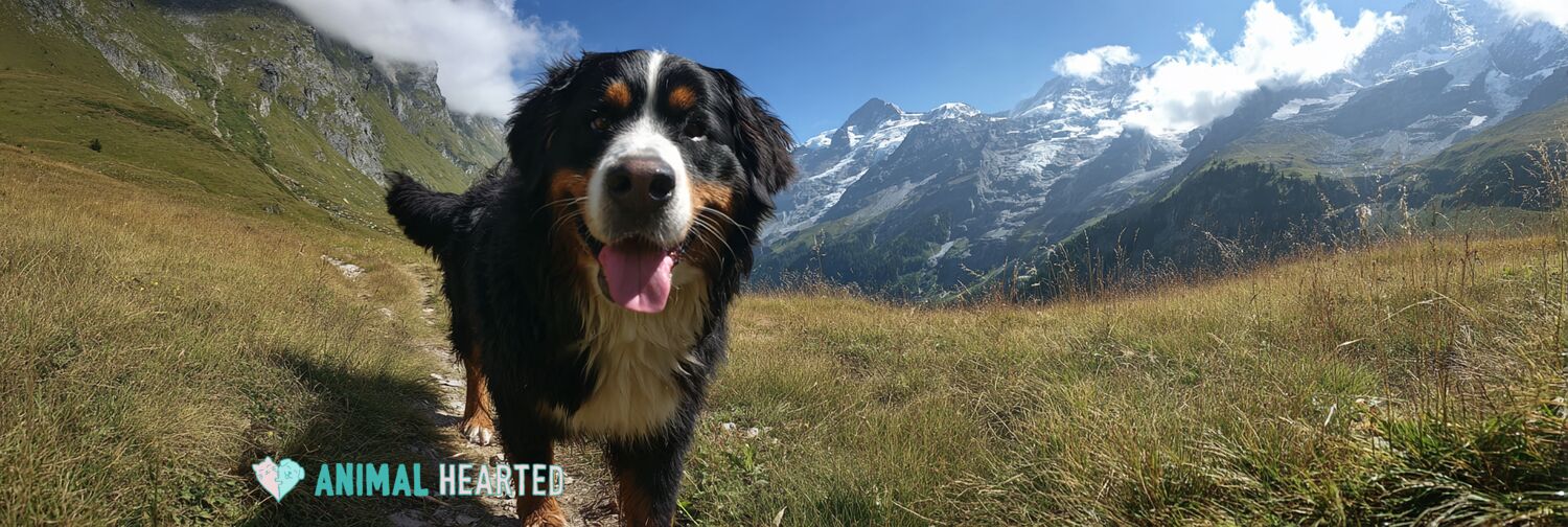 bernese mountain dog standing on a grassy alpine meadow with mountains behind