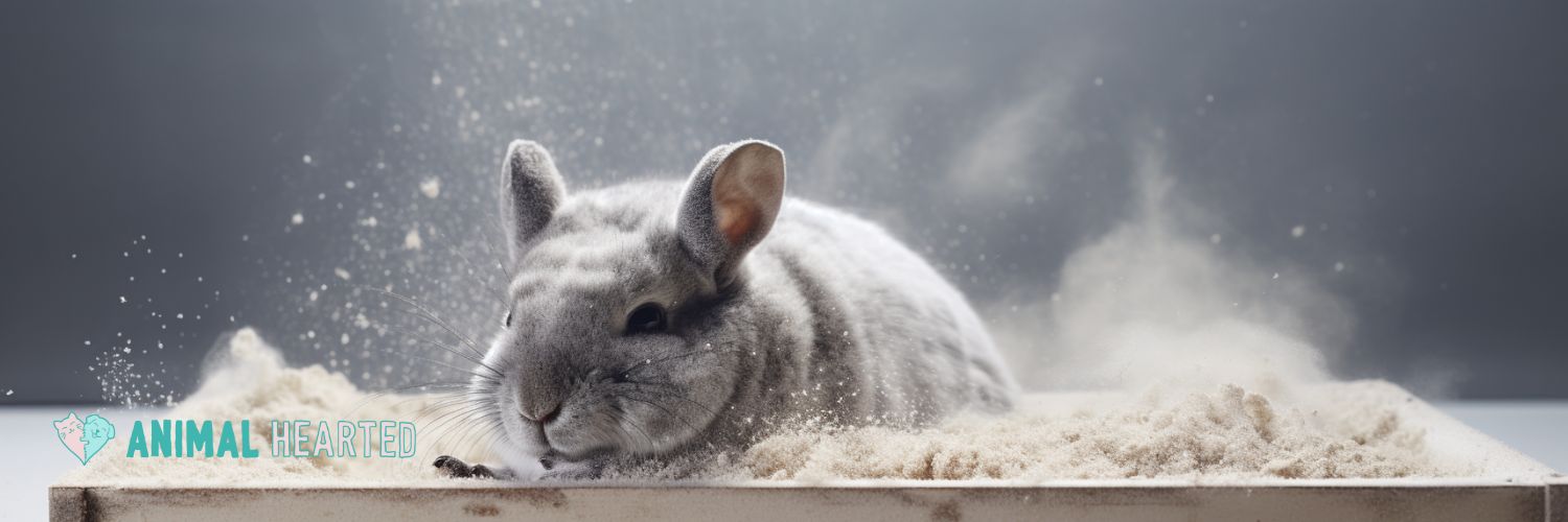 Chinchilla taking a dust bath inside a container