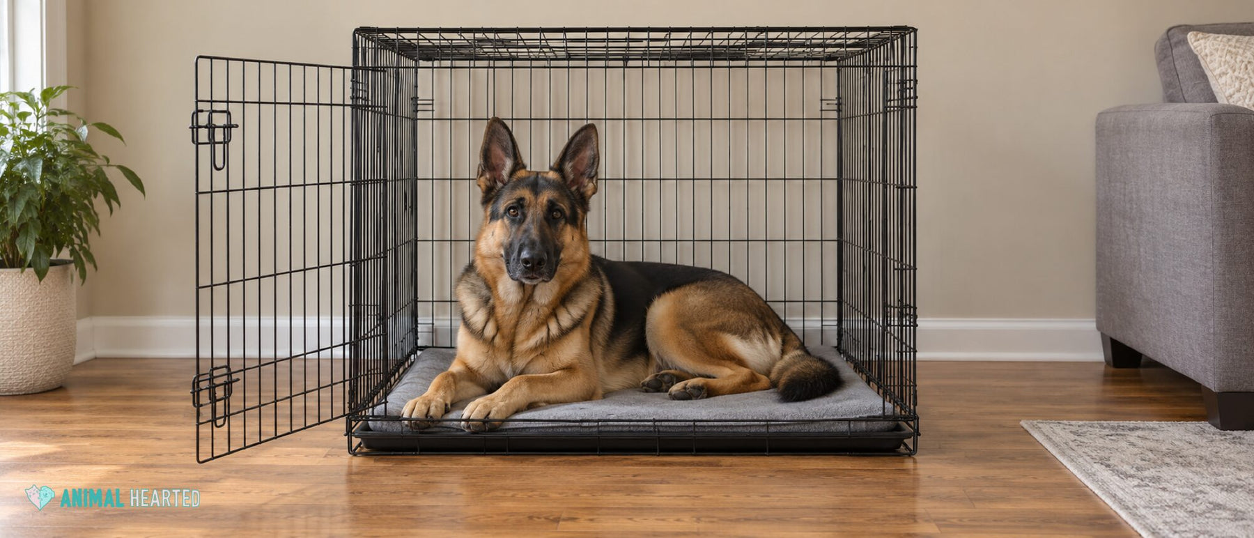 A German Shepherd lying on a gray crate pad inside a black wire dog crate with the door open, in a living room with a wood floor