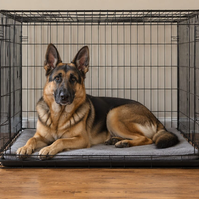 A German Shepherd lying on a gray crate pad inside a black wire dog crate with the door open, in a living room with a wood floor
