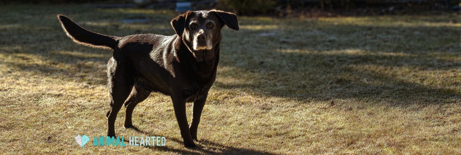 healthy chocolate labrador retriever standing alert in a backyard