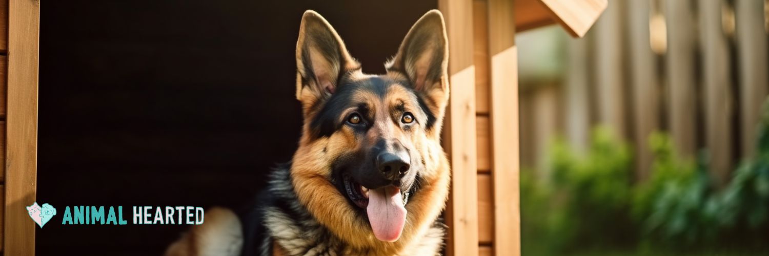 A German Shepherd with its tongue out looking from the doorway of a wooden dog house