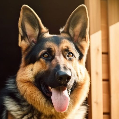 A German Shepherd with its tongue out looking from the doorway of a wooden dog house