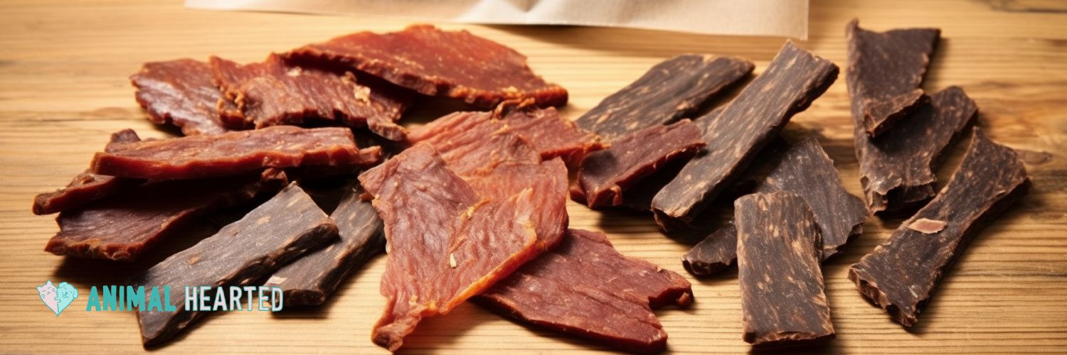 Strips of red and dark brown jerky treats on a wooden table