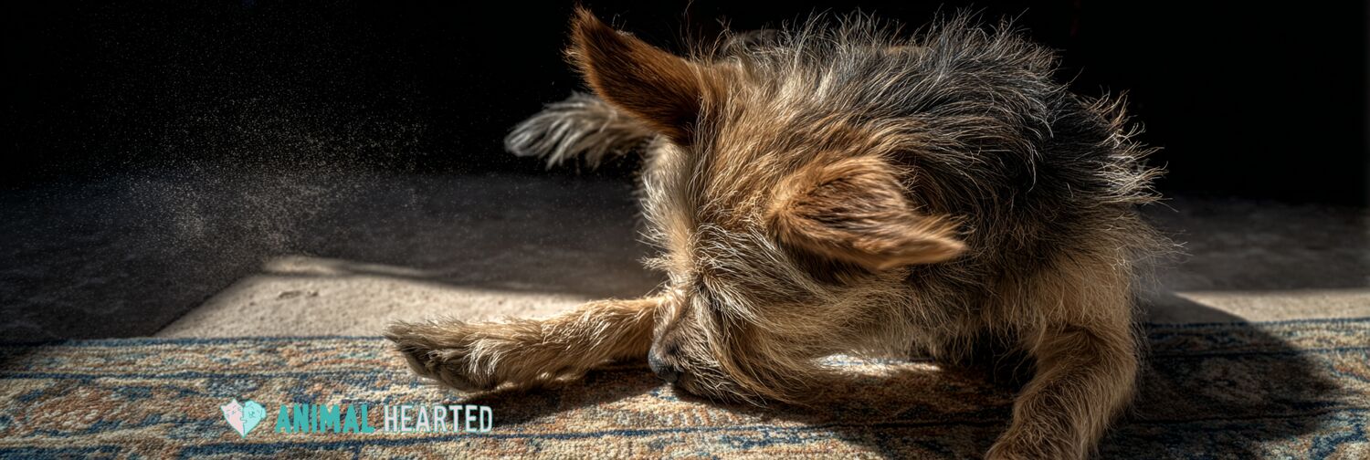 scruffy mixed-breed dog scratching at its neck on a faded patio rug