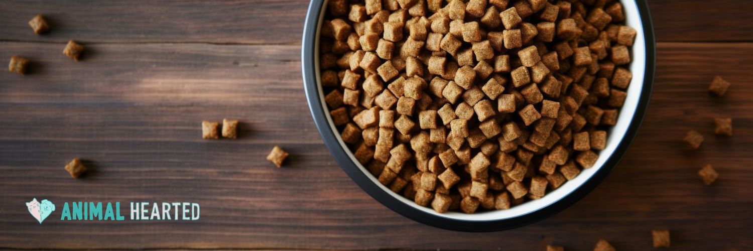 Top view of a black and white bowl of brown dry dog kibble on a dark wood table with a few loose pieces scattered around it