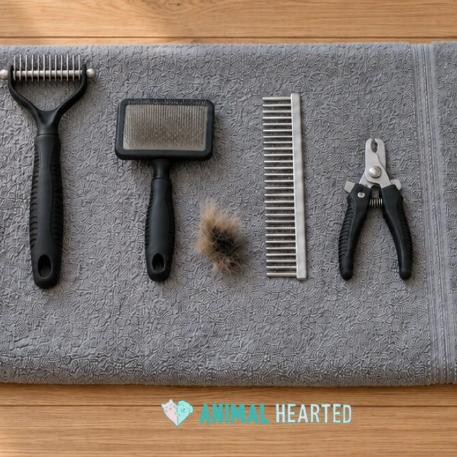 A gray towel on wood floorboards holding a rake with a black handle and steel teeth, a slicker brush, a steel comb, a pair of nail clippers, and a small tuft of tan and black fur