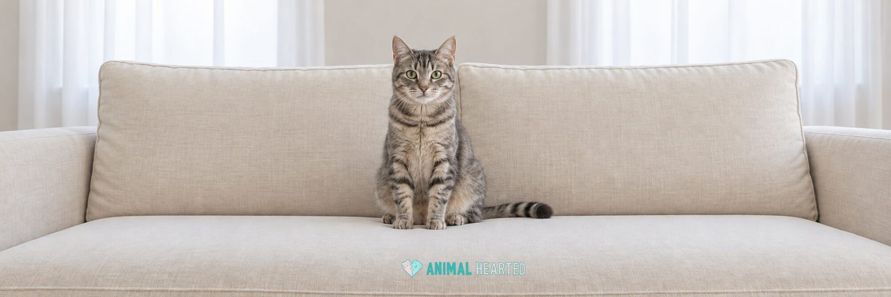 A gray tabby cat sitting upright on a clean beige sofa in a bright living room