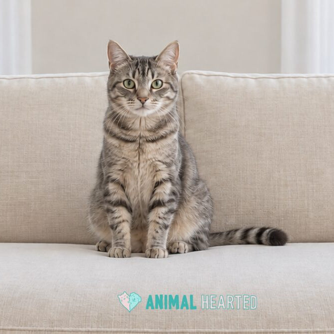 A gray tabby cat sitting upright on a clean beige sofa in a bright living room