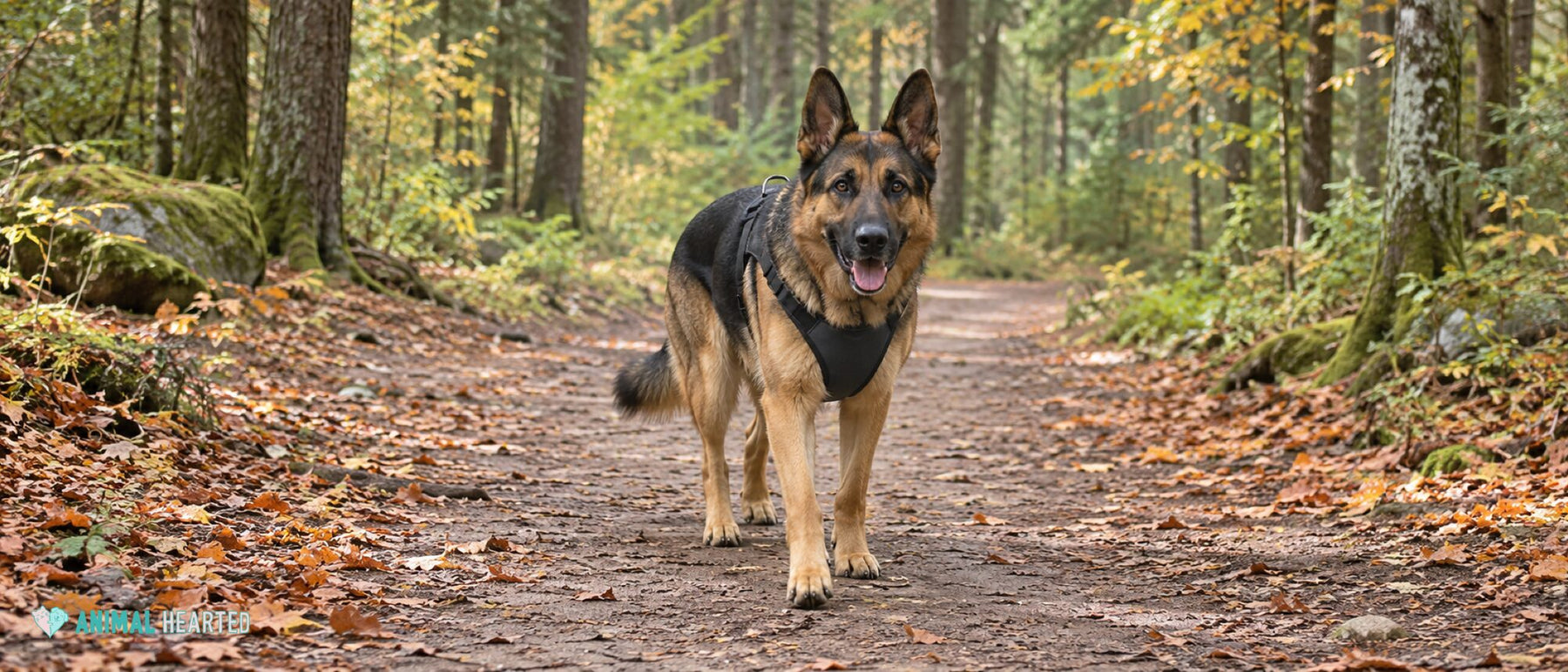 A German Shepherd in a black padded harness walking toward the camera on a forest trail covered in fall leaves