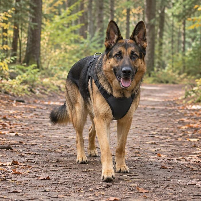 A German Shepherd in a black padded harness walking toward the camera on a forest trail covered in fall leaves