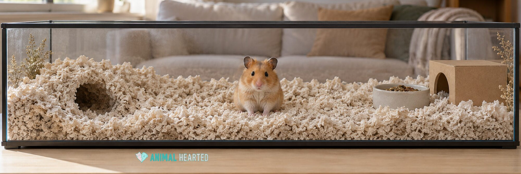 A golden hamster sitting on deep pale paper bedding inside a large clear acrylic enclosure with a thin dark metal frame