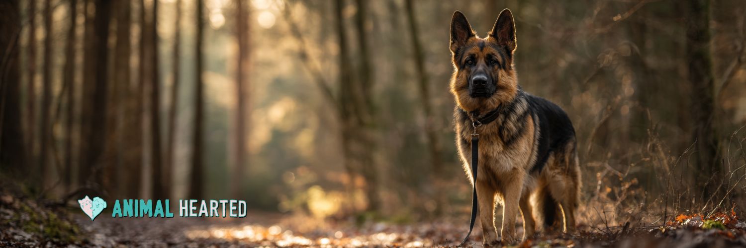 A German Shepherd on a forest path with a slack black leash